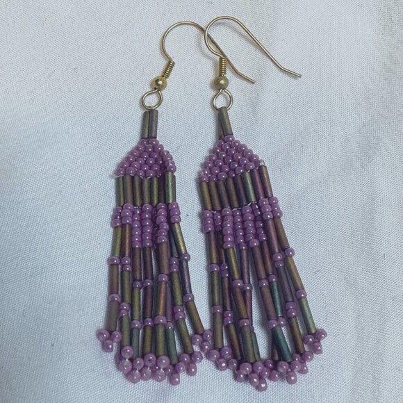 Vintage Style Throwback Lavender & Gold Beaded Boho Drop Earrings - Handmade - Picture 1 of 1
